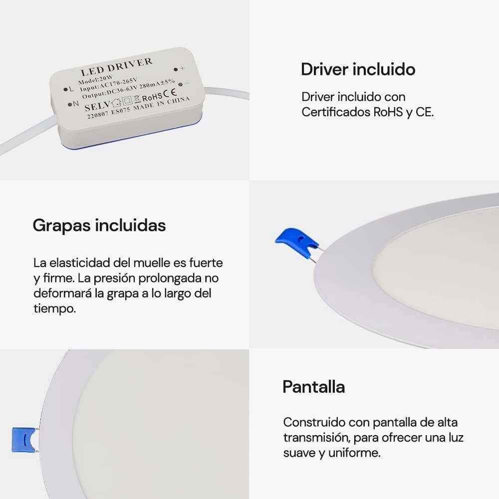 LEDUNI &reg; Downlight round LED Panel 20W Circular 2000LM Cold White 6000K Angle 120 IP40 OPAL Aluminium 225 X 12Hmm Cutting Dimension 205Mm image number 5