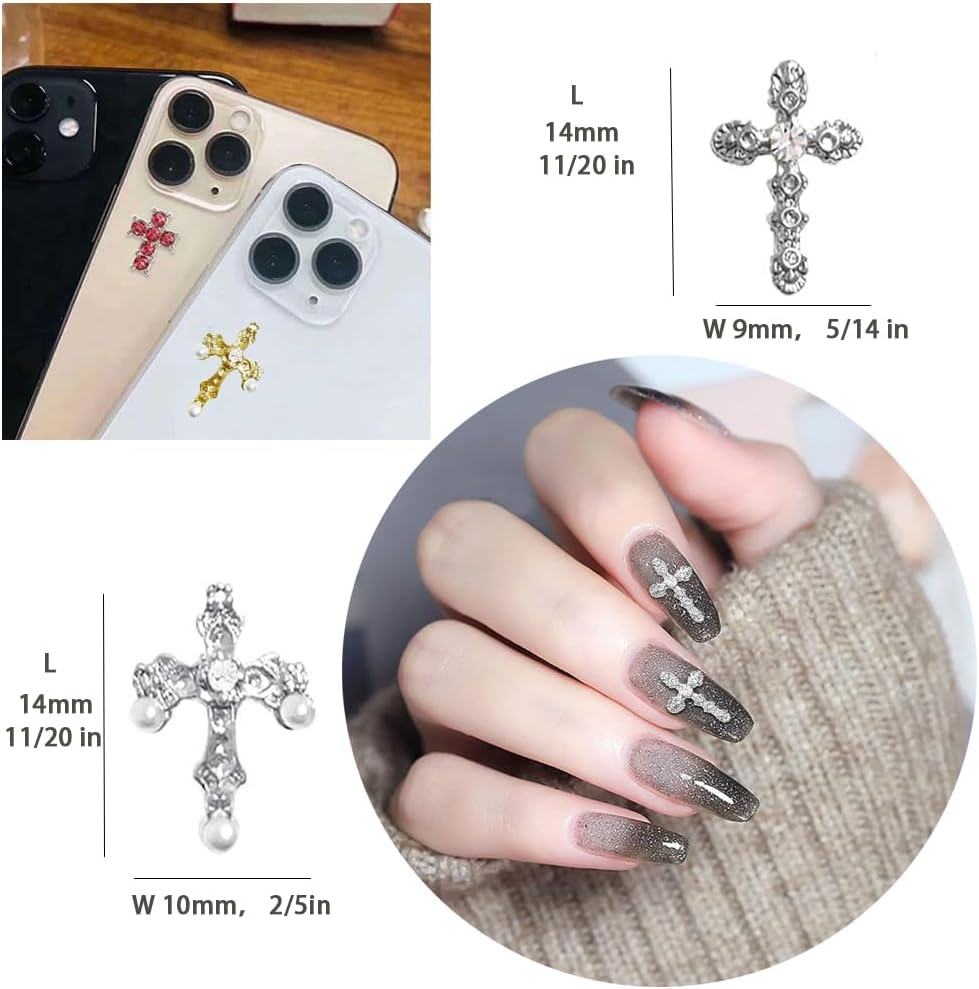 Pearl Cross Nail Charms - Silver Cross Nail Charms - Y2K Nail Cross Art Whit Pearl, 3D Metal Nail Cross Charms for DIY Designs Supplies image number 3