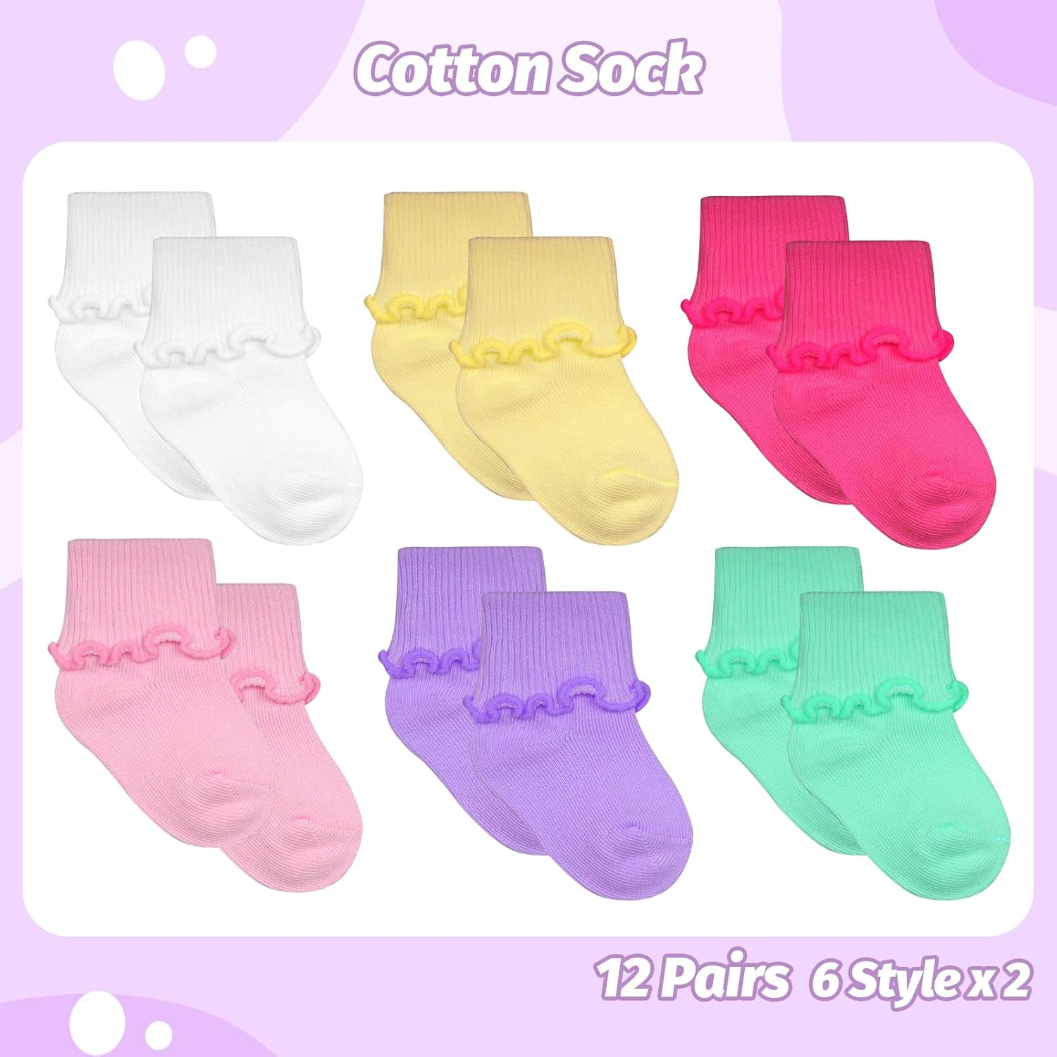 12 Pairs Preemie Socks for Baby Girls Boys Premature Ruffle Turn Cuff Cotton Socks Hospital for Newborn