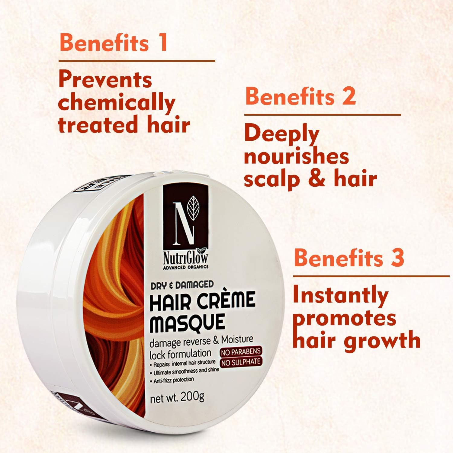 Nutriglow ADVANCED ORGANICS Hair Creme Mask/Damage Reverse/Moisture/Smoothness and Shine (200G) image number 3