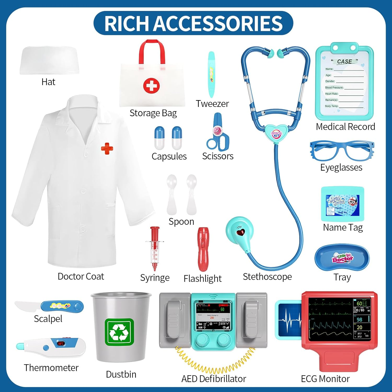 Doctor Kit for Kids, Pretend Doctor Playset for Toddlers with Cart, Costume and Stethoscope, Role Play Medical Toy for Girls Boys Toddlers 3-8 Birthday Gifts image number 4