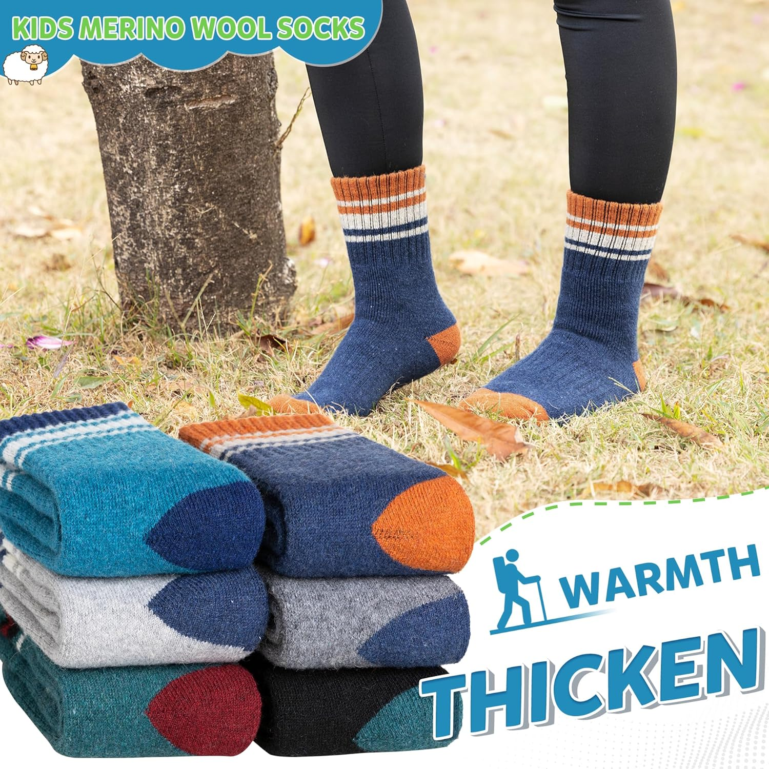 WEVIAS Kids Merino Wool Hiking Socks Boys Girls Thermal Winter Cozy Boot Warm Cushion Socks 6 Pairs image number 3