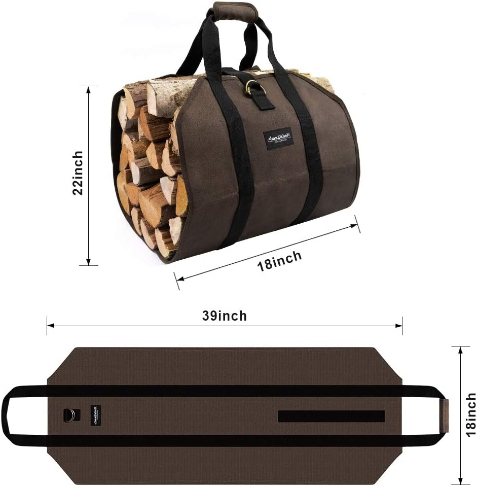 Amagabeli Firewood Carrier Bag Canvas Waxed Large Firewood Log Tote Carrying Indoor Bag Firewood Storage Tote Fire Place Log Holders Outdoor Fire Wood Carrier with Handless Dark Brown BG290 image number 6