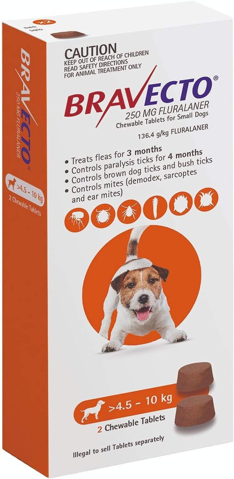 BRAVECTO SMALL DOG ORANGE 250MG >4.5-10KG (2PK)