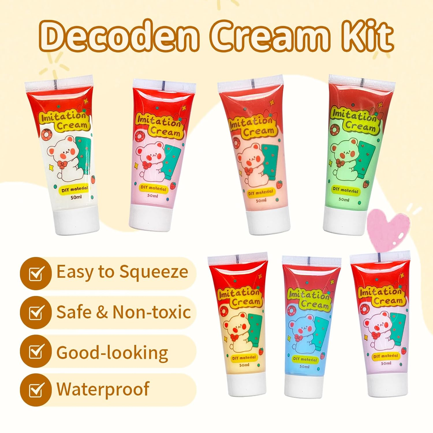7 Colors Decoden Cream Kit, Simulation Fake Whipped Cream Glue, with Nozzle 3 Pack Decoration, Very Suitable for Making DIY Handicrafts(1.7 Oz) image number 3