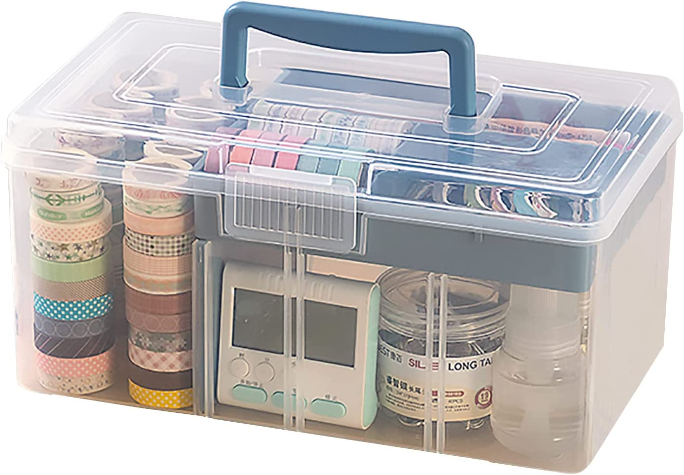 FOREVERIE Clear Plastic Arts & Craft Supplies Organizer Box Large with a Removable Tray & Adjustable Partition & Handle, Office Home School Desktop Stationery Storage Box, Medicine Box (Ocean Blue) image number 5