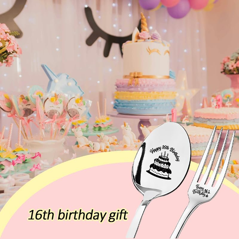 16Th Birthday Gifts for Daughter Son 16 Birthday Tableware for Granddaughter Grandson Sixteen Birthday Gifts for Nephew Niece 16 Year Old Birthday Presents for Girls Boys 16 Bday Gift Fork Spoon 2 Pcs image number 4