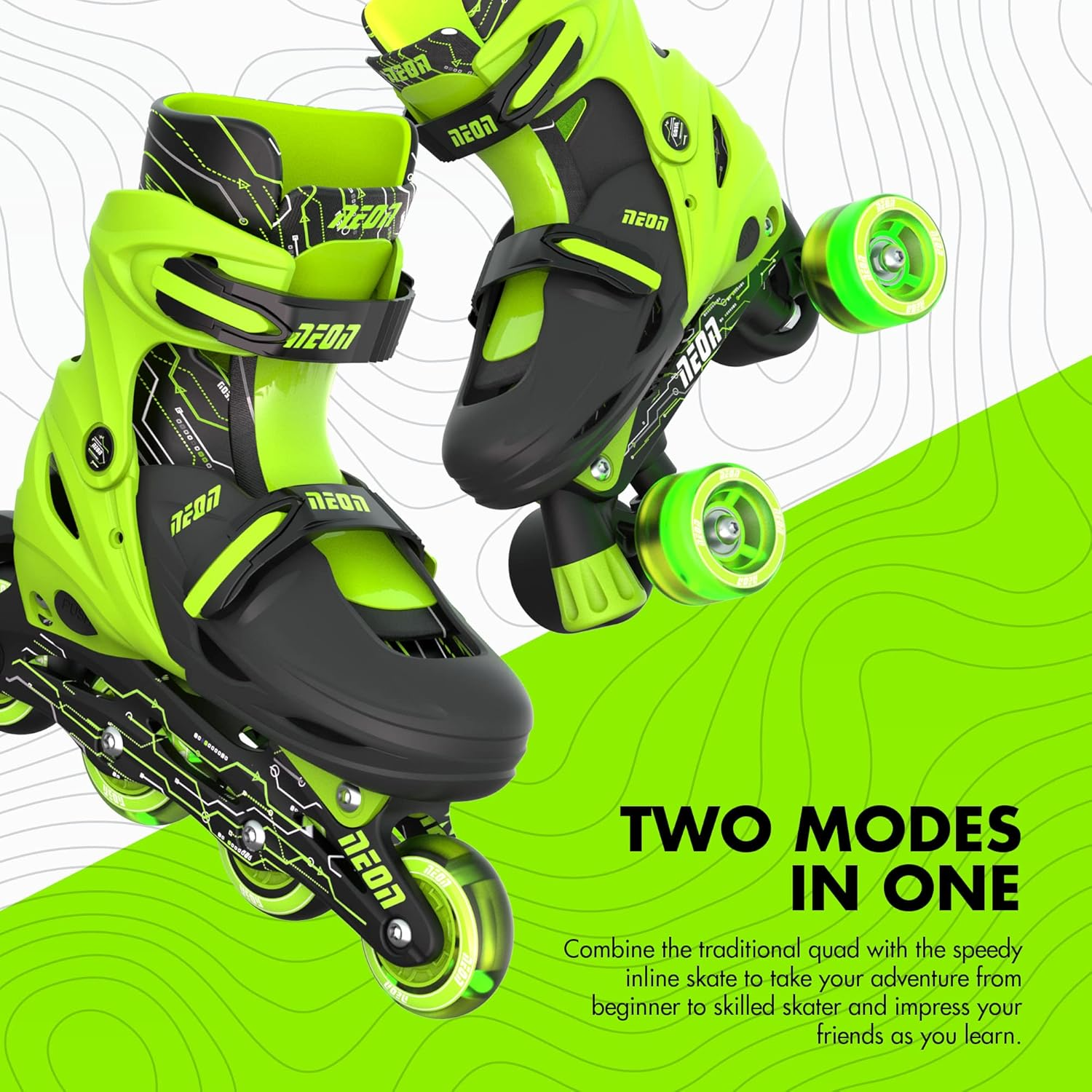 Yvolution Quad and Inline Skates Neon Combo 2-In-1 Skates for Kids with LED Wheels | Browning Box Adjustable Sizing image number 5