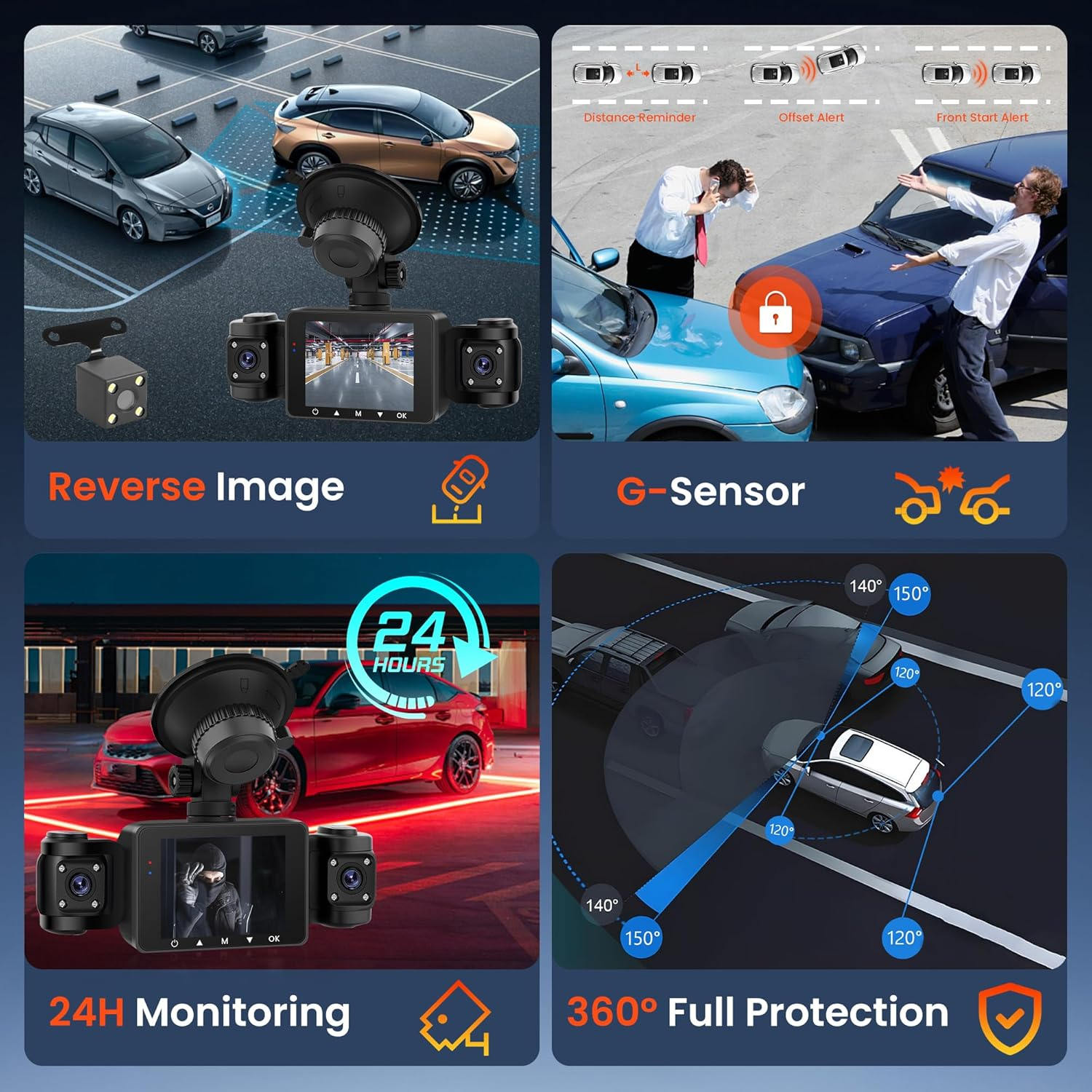 Dash Cam 4 Channel Front and Rear inside Side, Four Way Dashcam for Car, 1080P, 360 Full Protection, Night Vision, Loop Recording, G-Sensor, Parking Aid, 24H Parking Meter, Rear View image number 6