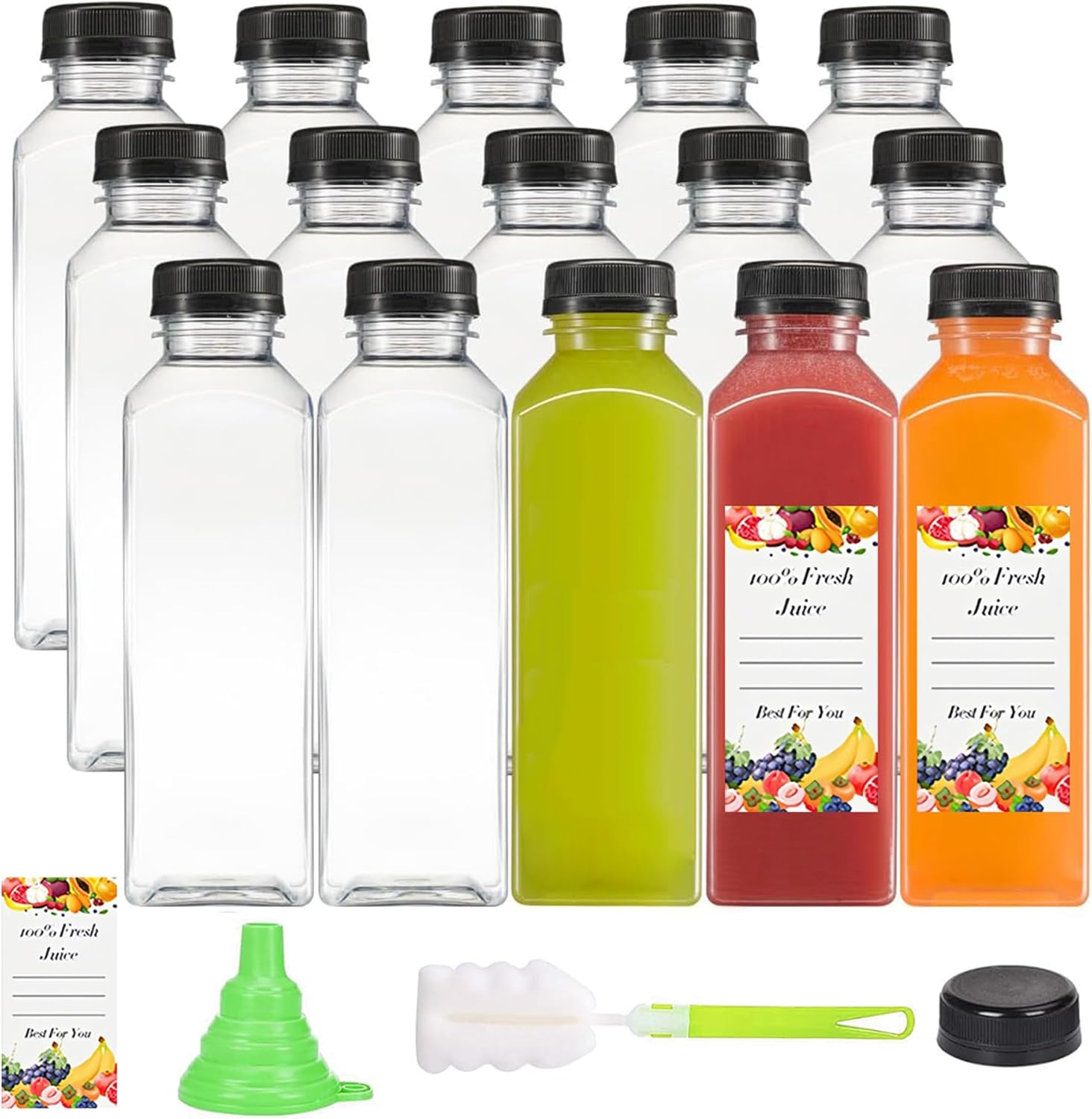 FORYUSE 15Pack 500Ml Plastic Juice Bottles with Caps Clear Reusable PET Containers for Juicing, Milk, Smoothie, Drink with Tamper Proof Lids, Labels, Bottle Brush image number 3