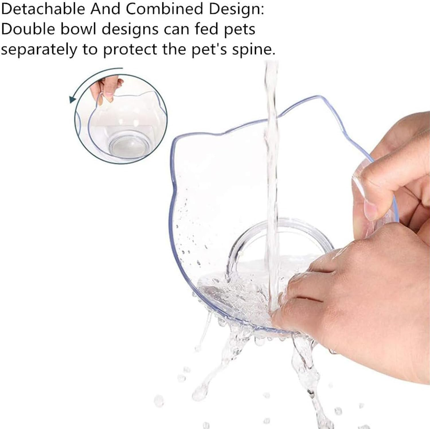 Mumoo Bear Double Elevated Cat Bowls with Raised Stand, Cat Bowl Design Neck Guard Stand Raised Pet Food Water Feeder Bowl,Cute Cat Face Elevated Cat Bowlfor Kitten or Small Dogs, White Clear image number 5