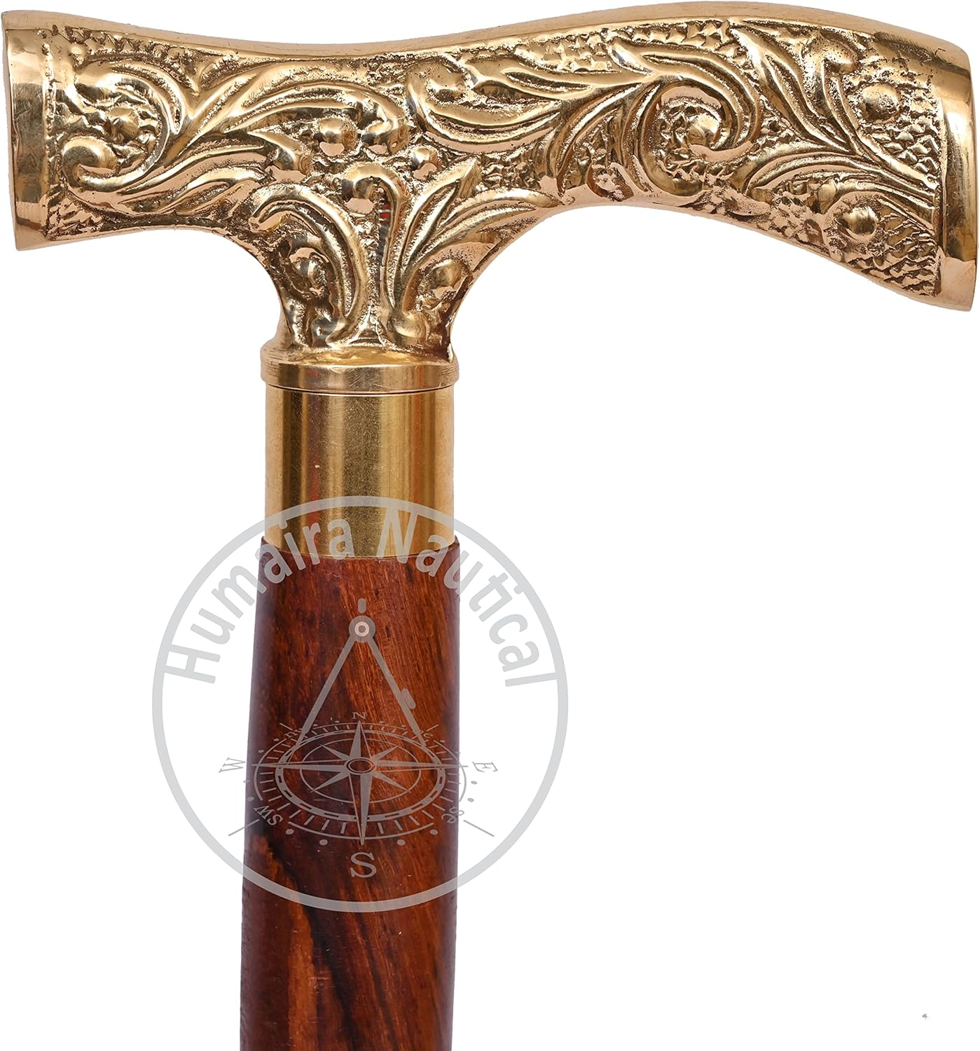 Humaira Nautical Walking Stick - Men Derby Canes and Wooden Walking Stick for Men and Women - 37" Brown Ebony Brass T Shape Handle in Golden Tone Natural Wood Unisex Cane image number 5