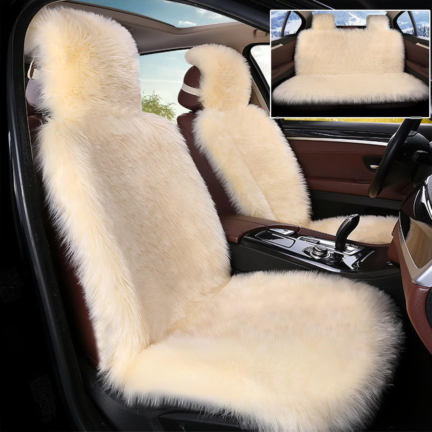Universal Sheepskin Car Seat Covers, 3Pcs Full Sets, Anti-Slip Long Fluffy Auto Front Seat Covers, Luxury Fur Rear Bench Car Seat Cover, Car Seat Pads Winter Warm Accessories