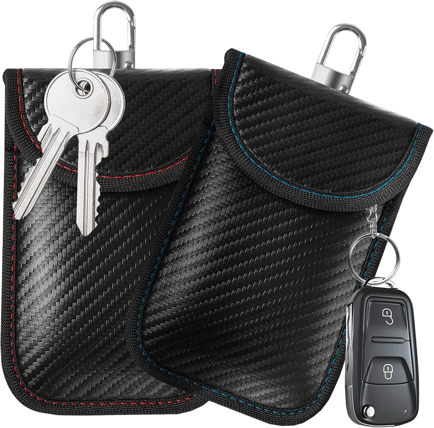 Quhoxdye 2 Pack Faraday Pouch for Car Keys, RFID Signal Blocking Bag, Car Key Fob Protector, Anti-Theft Shielding Case Signal Blocking Pouch, Signal Keyless Entry Car Keys Case (Red+Blue)