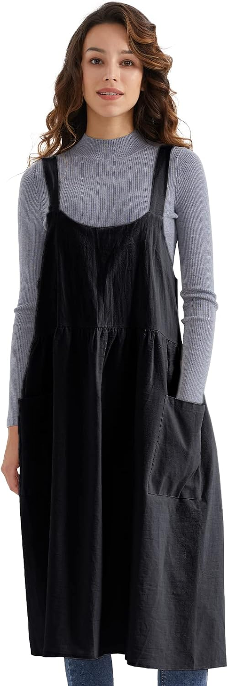 Surblue Cotton Linen Apron Cross Back Apron for Women with Pockets Pinafore Dress for Baking Cooking Gardening