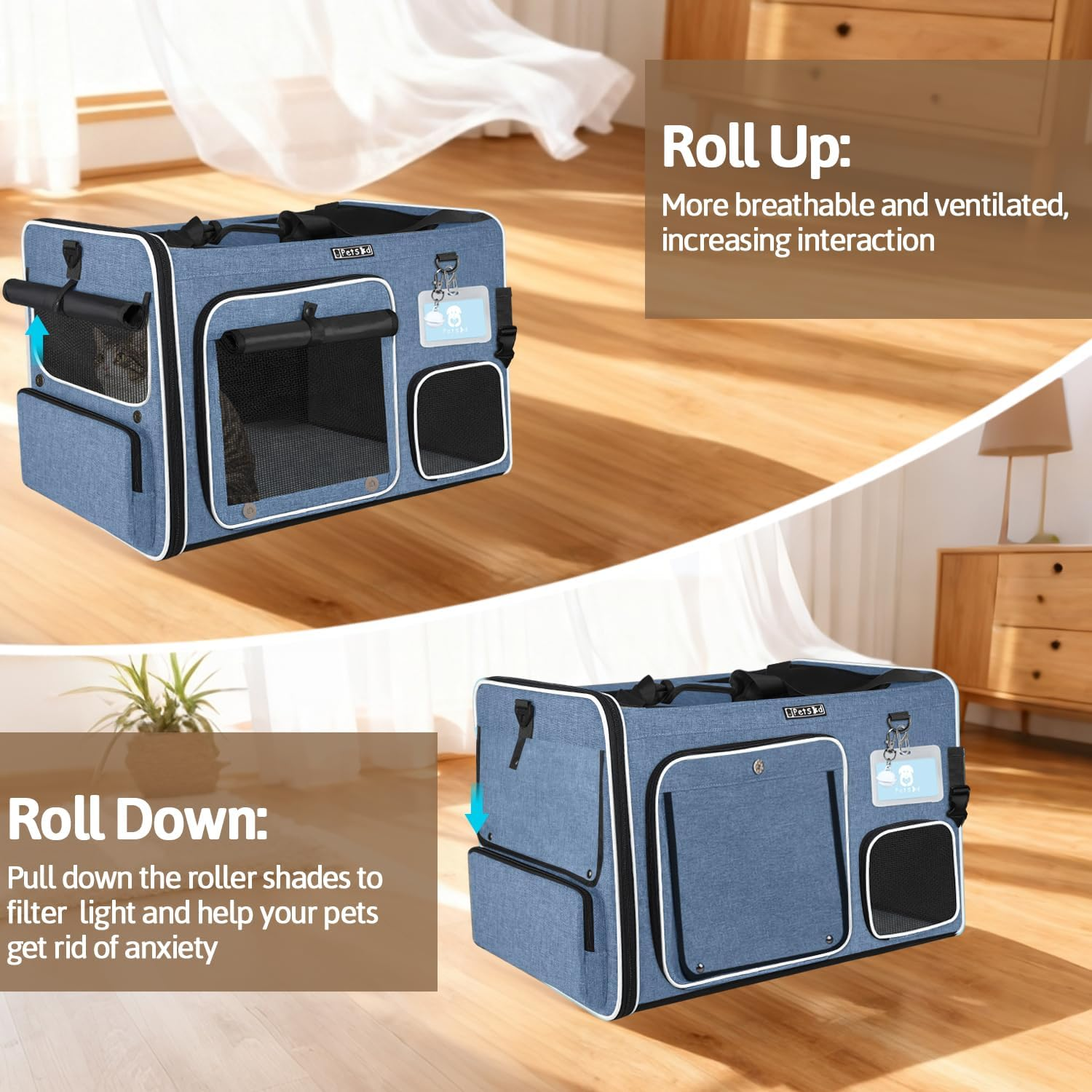 Petskd Side Expandable Extra Large Cat Car Carrier with Collapsible Litter Box for Long Distance Travel,24"X17"X17" Portable Soft Sided Pet Carrier with Roller Shades for 2 Cats up to 55Lbs(Blue) image number 6