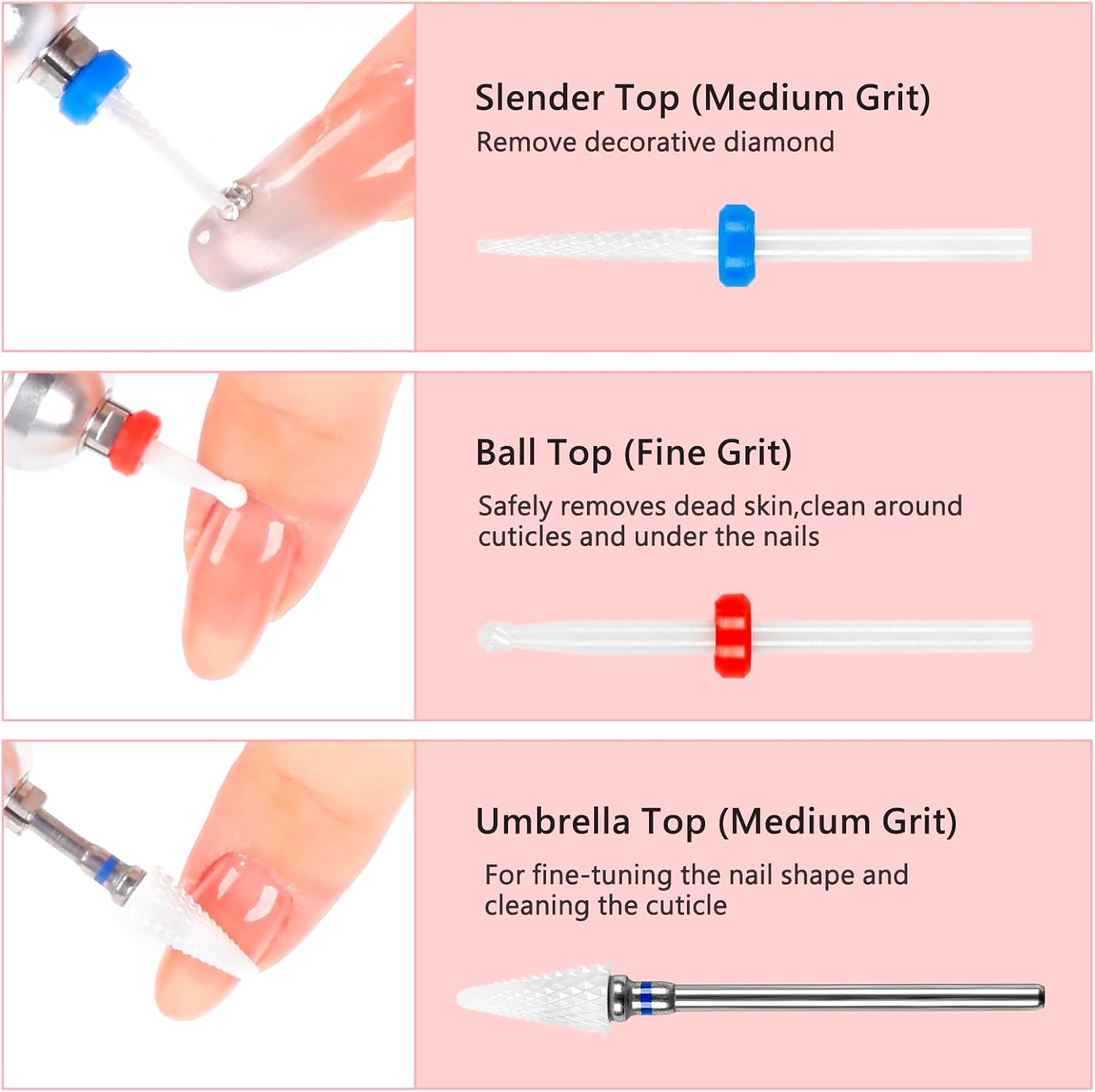 BQAN Nail Drill Bits Set, 6Pcs 3/32 in Drill Bit for Nail Tech Ceramic Bits for Remove Cuticle Acrylic Gel Polish Nail Manicure image number 2