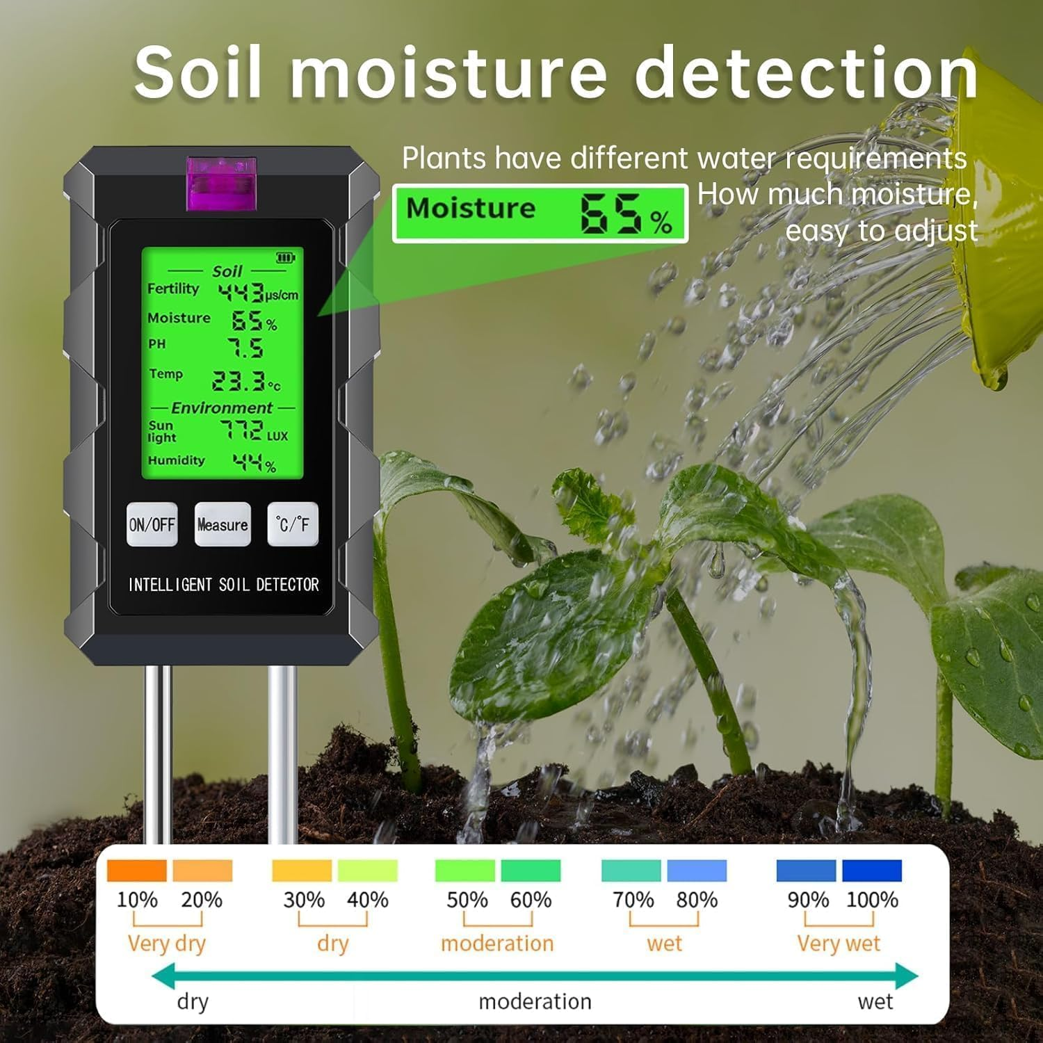6-In-1 Soil Moisture Meter, Soil Test Kit with Soil Moisture/Ph Meter/Temperature/Sunlight/Air Humidity/Soil Fertility, Soil Tester for Farming, Gardening and Outdoor Plants (2*AAA Battery Needed) image number 2