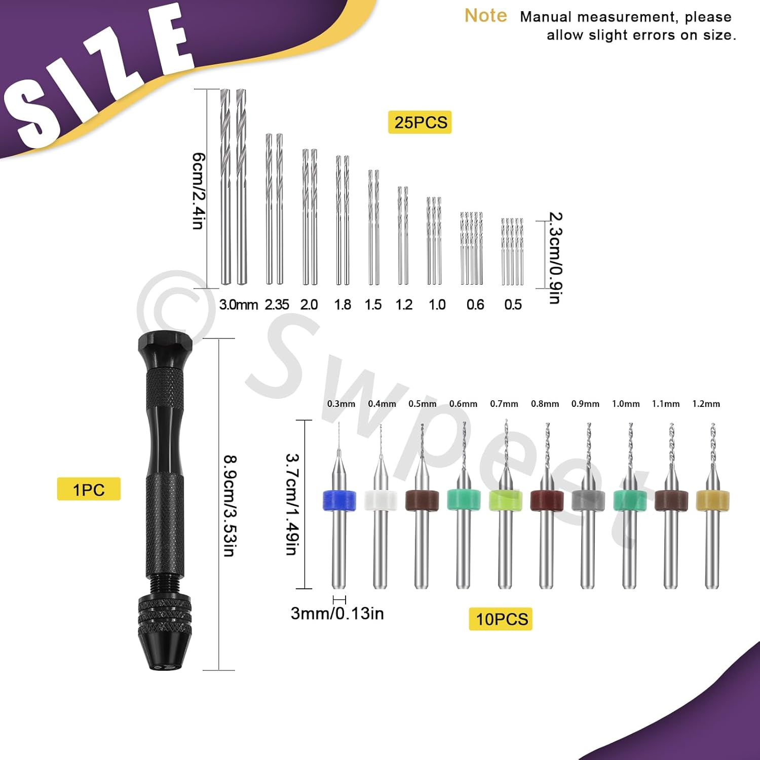 Swpeet 36 Pieces Hand Drill Bits Set Include Pin Vise Hand Drill, 25 Pieces Twist Drills and 10 Pieces Mini Drills Assortment Kit, PCB Woodworking Hand Mini Drill for Resin (0.3-1.2Mm Color Bits) image number 1