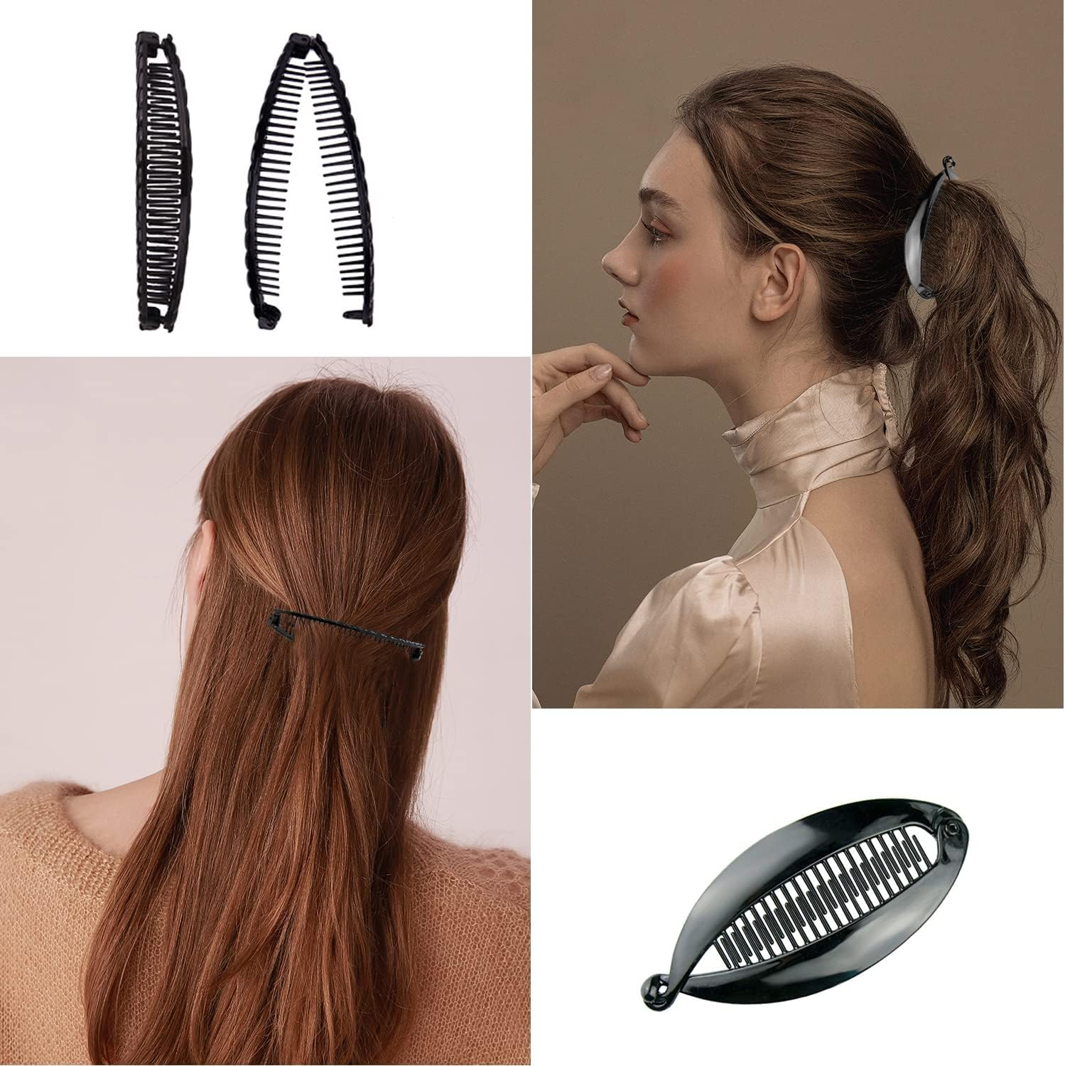 4 Pcs Banana Hair Clips, Double Combs Fishtail Pearl Hair Clip Hair Accessories, Retro Plastic Comb Grips Hair Comb Clips, DIY Hairstyles, for Thick Fluffy Hair, Curly Hair. image number 3