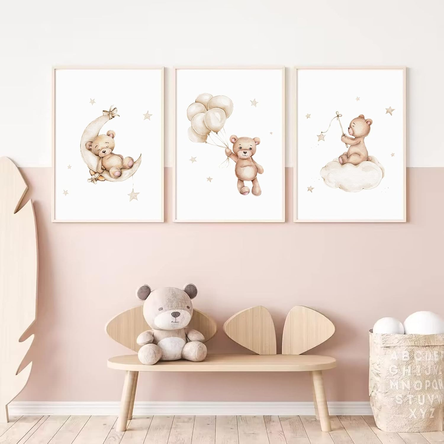 Bear Canvas Wall Art Set of 3 Teddy Bear Prints - Baby Boy & Girl Nursery Pictures - Moon Star Cloud Neutral Theme - 12X16 Inch Unframed image number 6