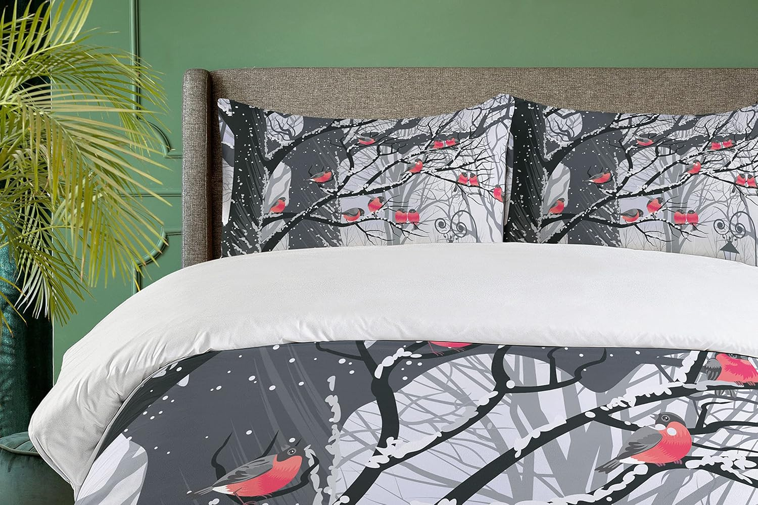 Winter Duvet Cover Set King Size by Ambesonne Cute Bullfinches on Trees Winter City Park Snow Cold Weather Immigrant Birds Design Decorative 3 Piece Bedding Set with 2 Pillow Shams Grey Coral image number 1