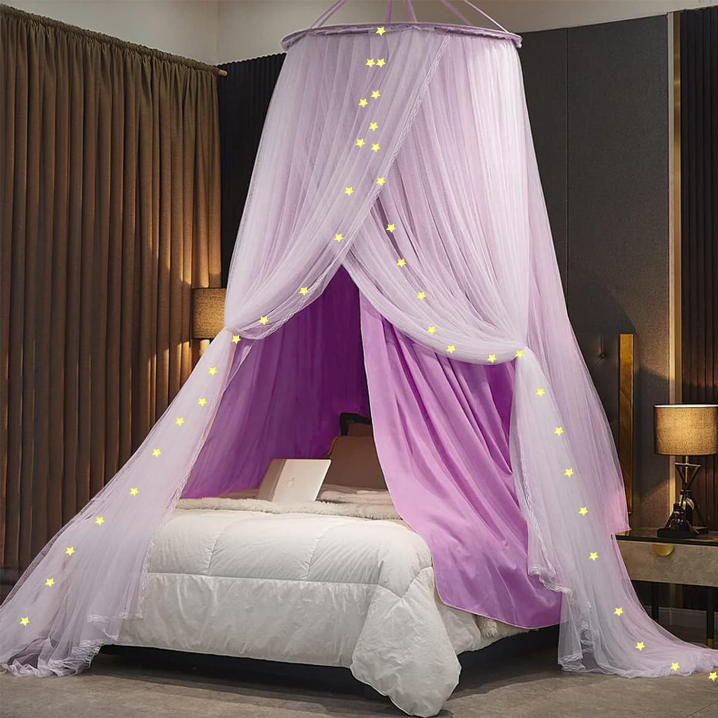 Double Layer Bed Canopy, Elegant Princess round Dome Canopies Netting Large Mesh Bed Curtain Drapes for Kids Adults Children Dreamy Lace Mosquito Nets Bedroom Decoration Castle Play Tent Reading Nook image number 5