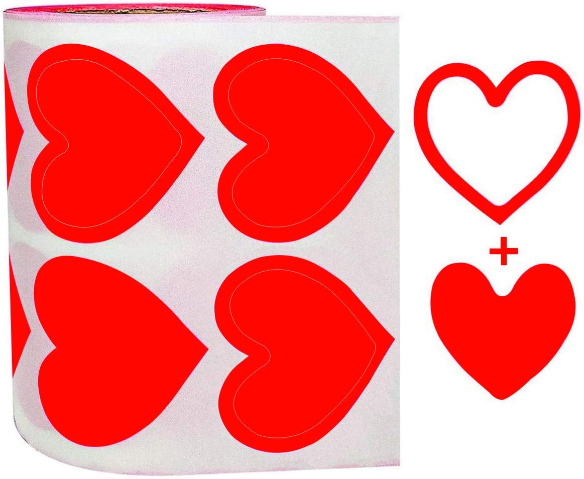 Red Heart Shape Stickers Label,1.5 in Hollow and 1.25 in Solid Heart Stickers,500 per Roll