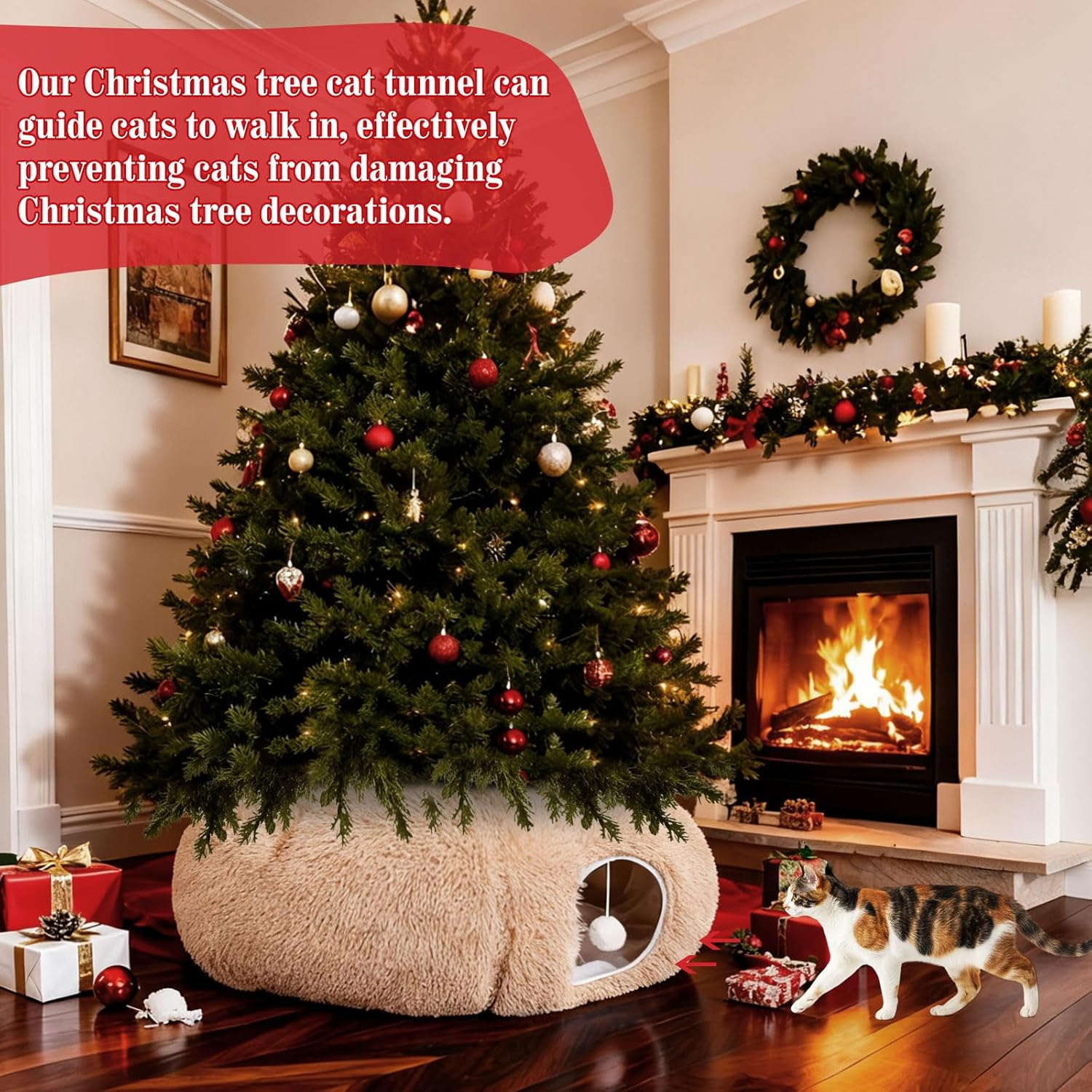 Siltriangle Cat Tunnel Christmas Tree Skirt Large Soft Plush Tunnel Bed under Christmas Tree for Indoor Cats 36" Circle Donut Tube Bed with Central Mat for Cat Puppy Rabbit Kitten Xmas Gifts(Beige) - Green image number 3