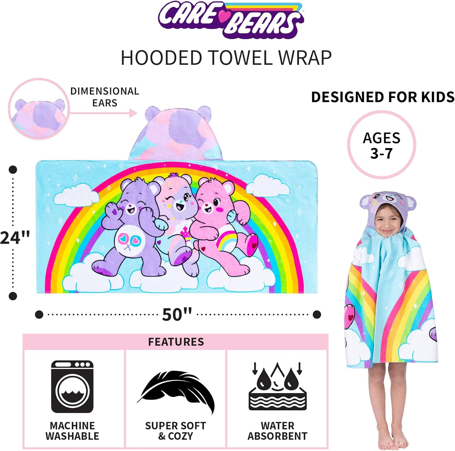 Franco Care Bears Bath/Pool/Beach Soft Cotton Terry Hooded Towel Wrap, 24 in X 50 In, by Kids (HH1893) image number 2