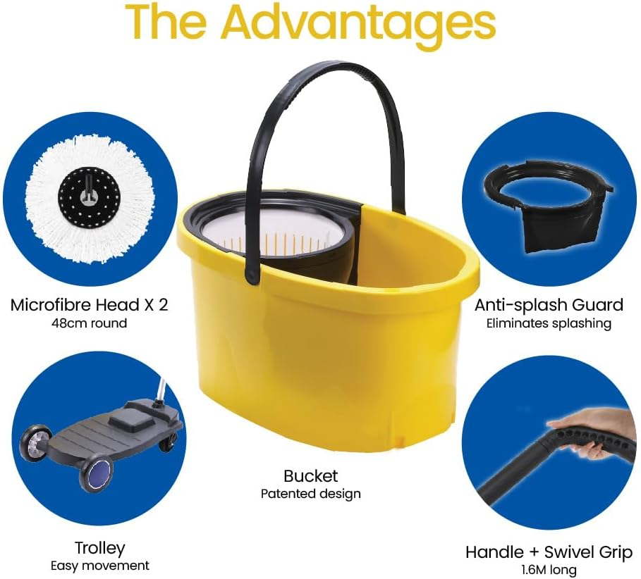 White Magic Professional Spin Mop Set &ndash; Designed for Commercial Use with 3000 RPM Spin, Easy Hand Press Action, and 4X More Absorbent Microfibre. Bucket 60X37X31Cm, Trolley 72X36X86Cm image number 3