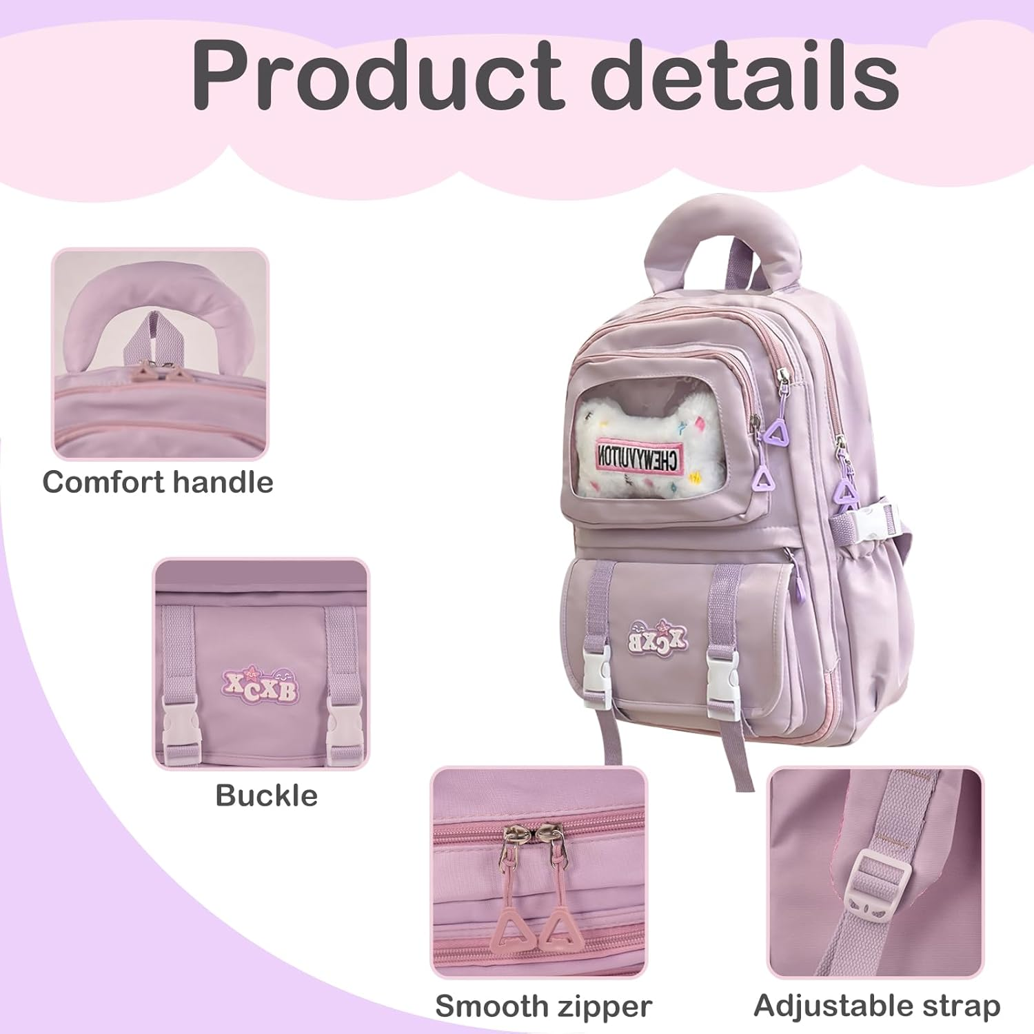 Lifelix Kawaii Backpacks Cute Bookbag for Girls Aesthetic School Schoolbag with Accessories - Purple image number 6
