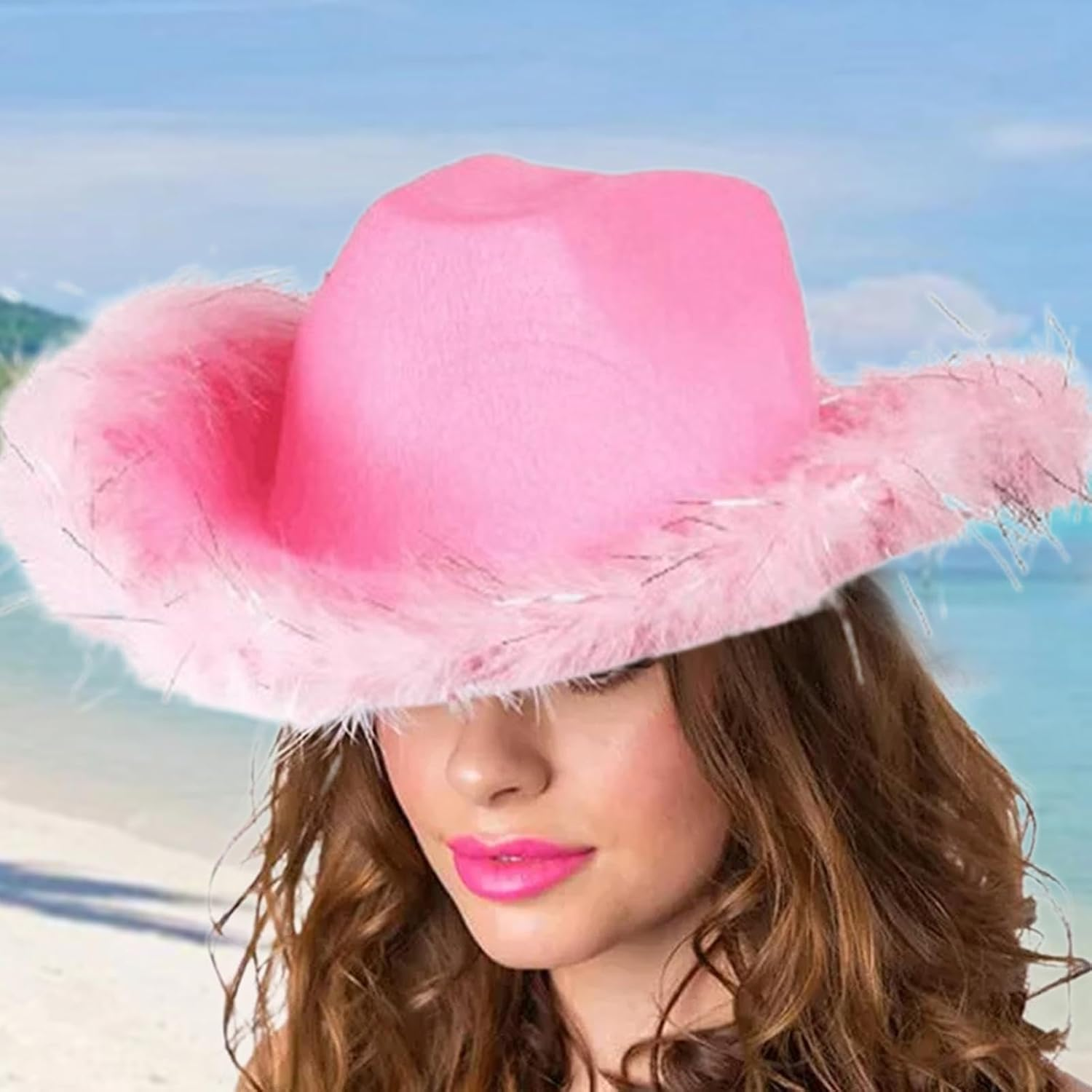 Cowgirl Hat with Feather Trim - Sparkly Cowgirl Hat,Bride Festival Fancy Dress Sparkly White Trim Hats Western Hats for Party Costume, Cowboy Themed Birthday - Pink image number 2