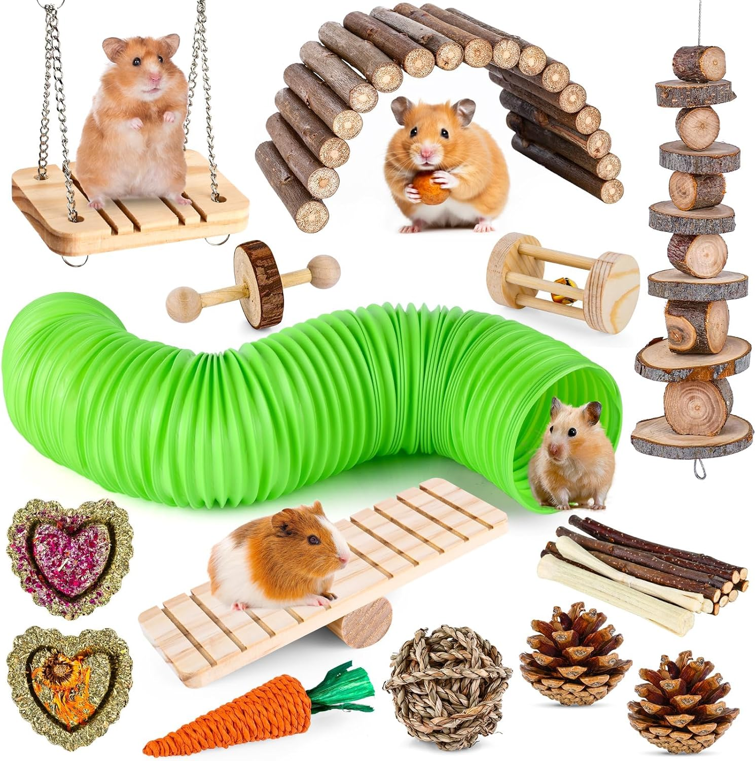 Hamster Toys Set, Guinea Pig Toys Rabbit Toys Small Animal Chewing Toy and Rat Cage Accessories, Chinchillas, Gerbils, Rats, Rabbit Rodents Teeth Care, Toy Swing Seesaw Bridge Guinea Pig Tunnel image number 4