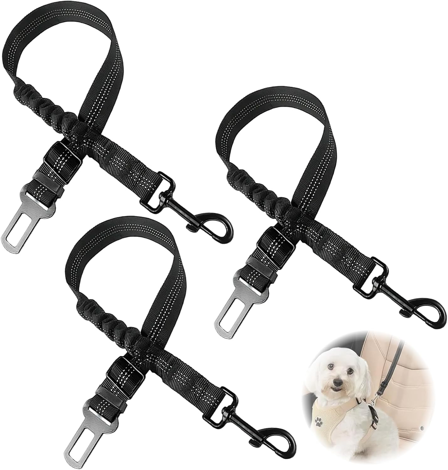 Adjustable 3 Pack Premium Dog Car Seat Belt, Heavy Duty Elastic Bungee Buffer Harness, Ensures Safety and Comfort for Dogs in Vehicles, Durable Nylon Fabric with Zinc Alloy Clips, Black