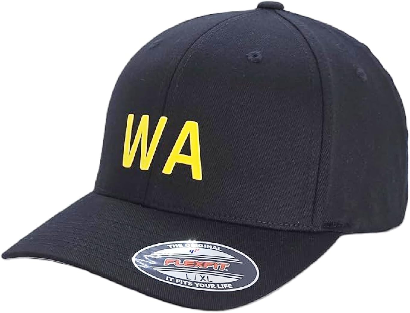WA Supporters Cap, Flexfit 6277 Wooly Combed Baseball Cap, Acrylic-Wool, Flexfit Technology, 6-Panel, Silver Undervisor, Stretch Fitted, Premium Mid-Profile, Black with Yellow 'WA' Badge image number 4