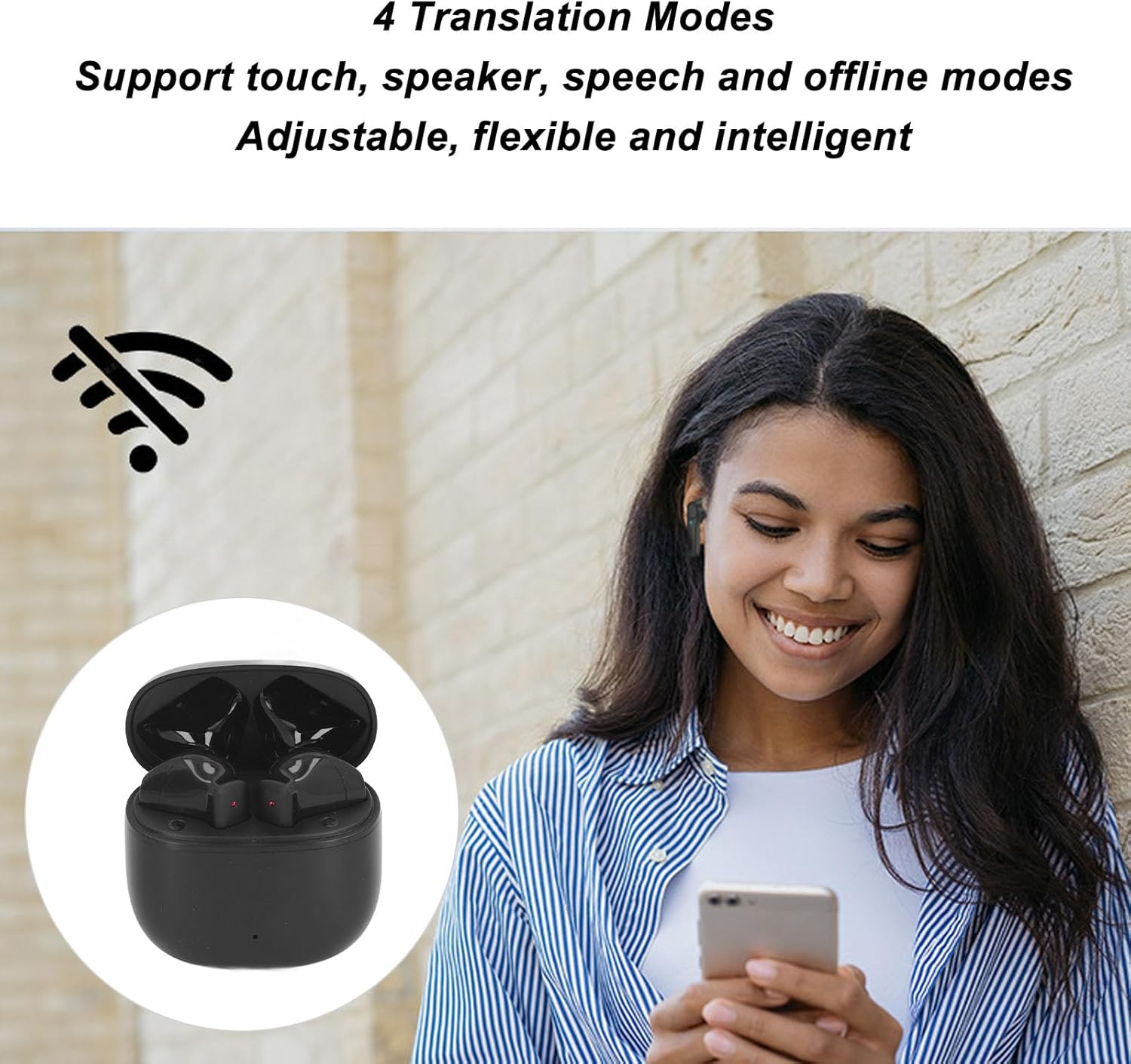 Bluetooth Translator Earphones, 74 Languages, 70 Accents, Voice Translator Device for Travel, Stereo Noise Reduction, Wireless Bluetooth Translation Earphones with Case (Black)