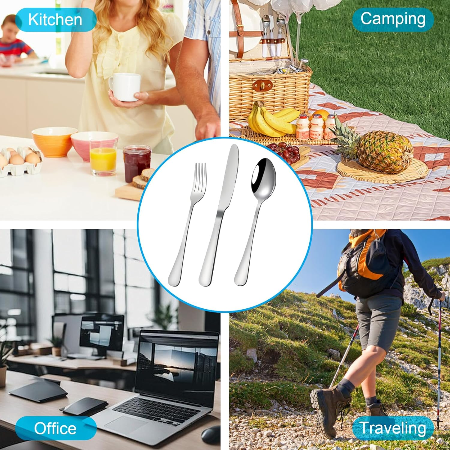 VANRA Travel Utensils Set with Case Portable Silverware Set for Lunch Box Stainless Steel Camping Cutlery Set Reusable 3-Piece Fork Spoon Knife for Work School Picnic image number 2