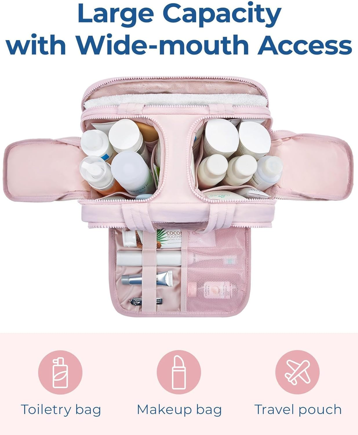 Travel Cosmetic Bag - Large Capacity Wide-Open Toiletry Bag for Women | Waterproof & Lightweight 4-In-1 Multi-Functional Organizer (Sweet Pink) - Cream image number 2