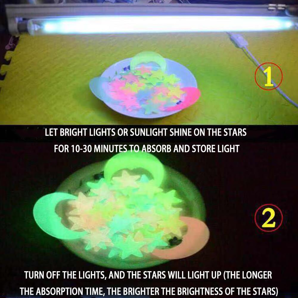 200 Pcs Colorful Glow in the Dark Luminous Stars and Moon Fluorescent Noctilucent Plastic Wall Stickers Murals Decals for Home Art Decor Ceiling Wall Decorate Kids Bedroom Room Decorations