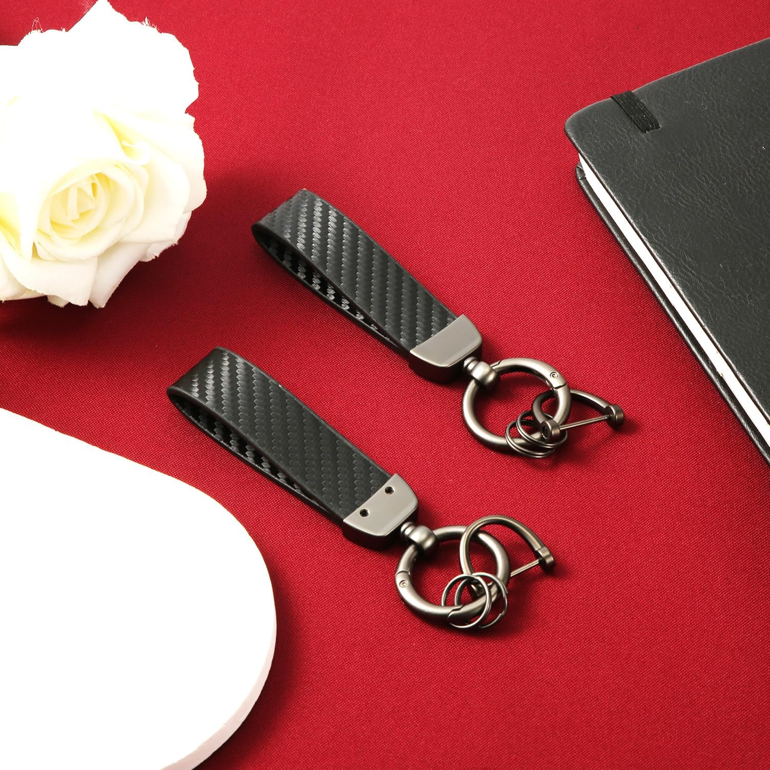 2Pcs Carbon Fiber Leather Car Keychain, 360&deg; Rotatable Swivel Key Chain Holder with Screwdriver for Women Men image number 1