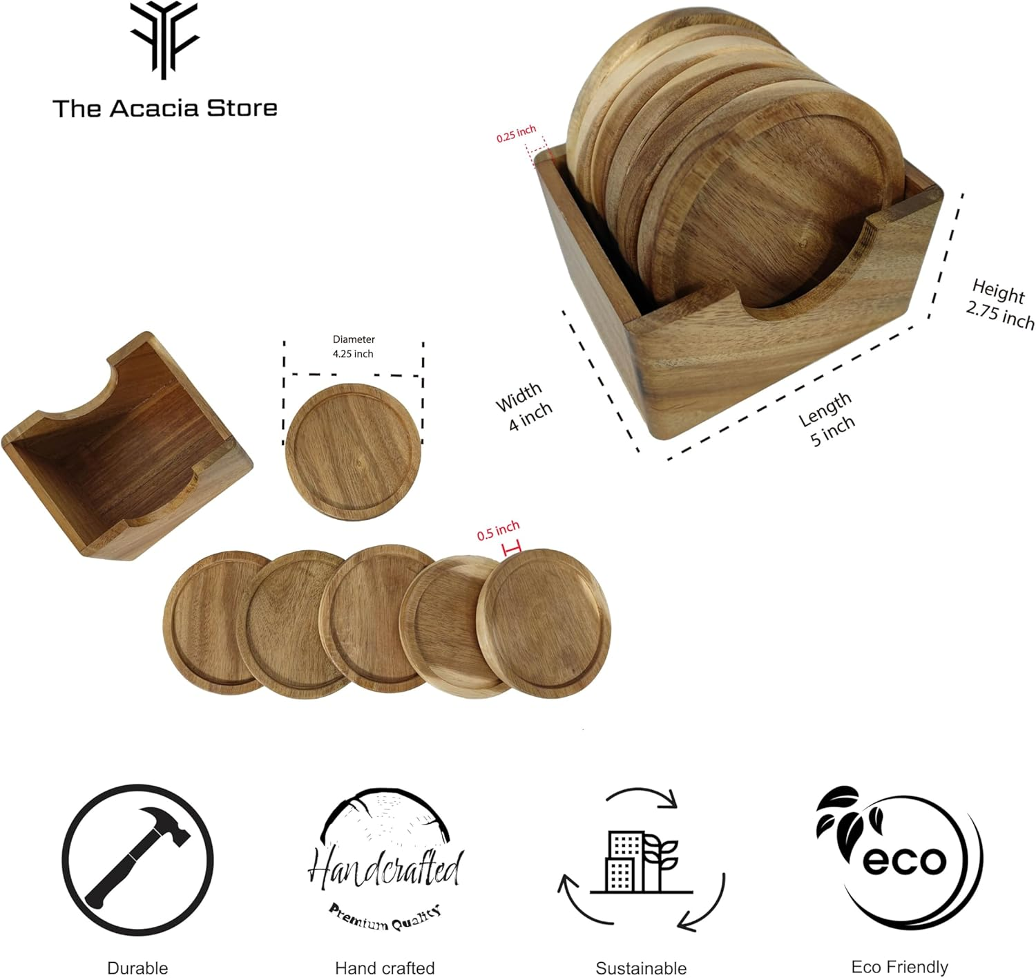 6 Piece Acacia Wood Coaster Set with Holder in a Gift Box, Made from One Pc Solid Acacia Wood, Made in Vietnam. image number 5