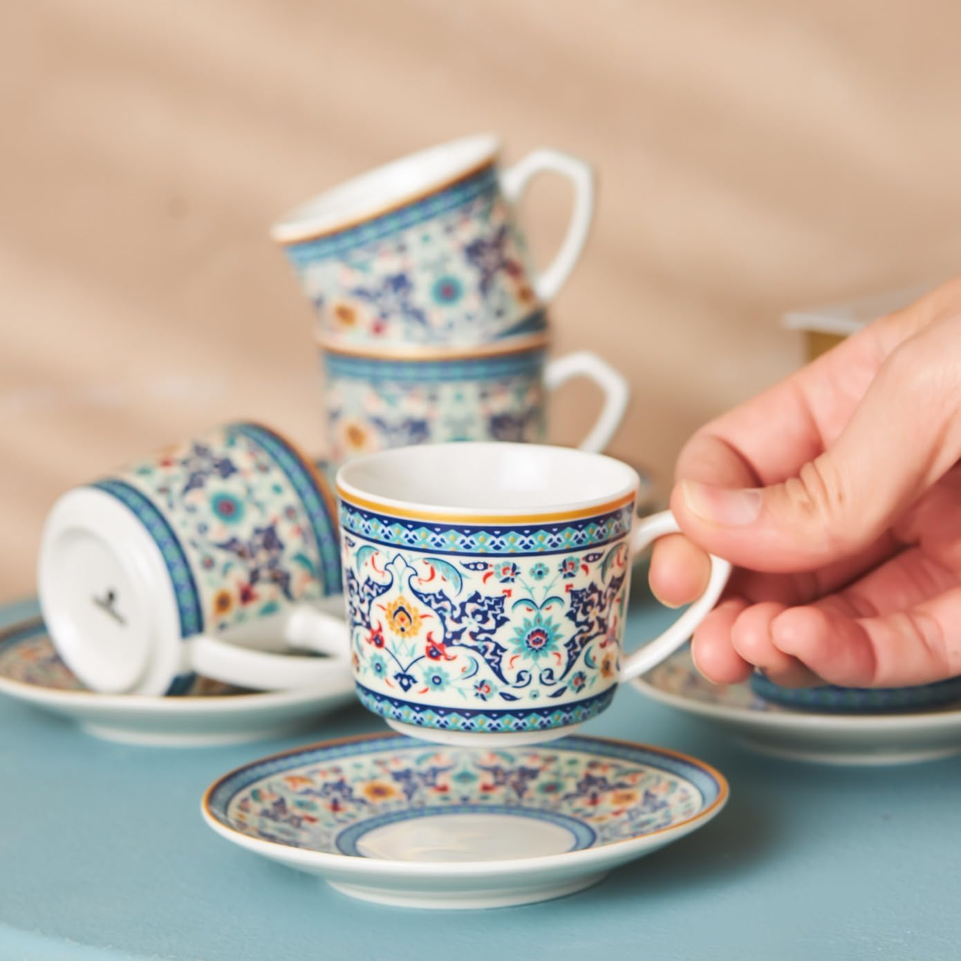 Karaca Beylerbeyi Porcelain Turkish Coffee Cup Set of 6, 12 Piece, 80Ml, White Blue Multi image number 3