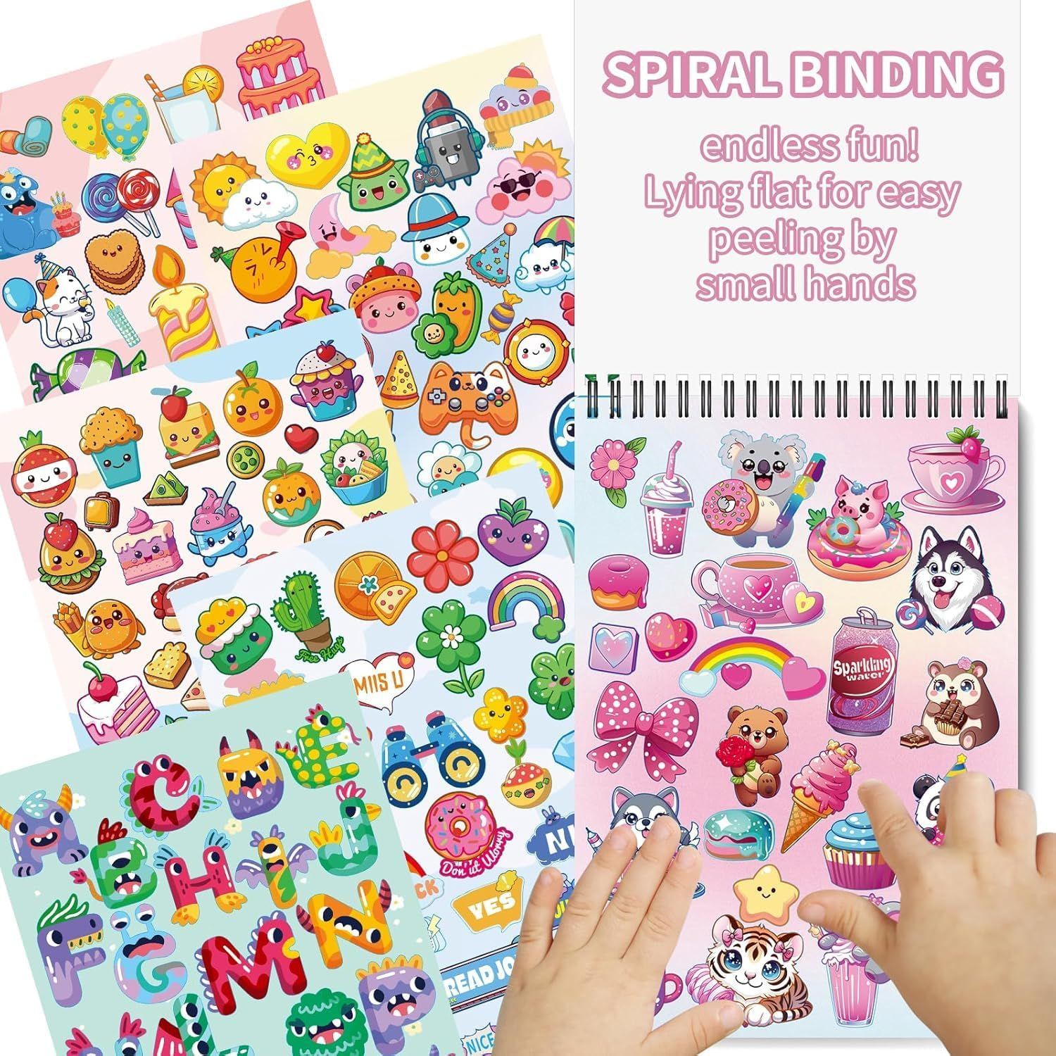 1000+ Cute Animal Sticker Book for Kids,Spiral Bound Sticker Book,Unicorn,Space,Letter,Fruits,Foods,15 Themes 30 Pages Stickers, Water Bottle Stickers Packs for Girls Teens image number 1