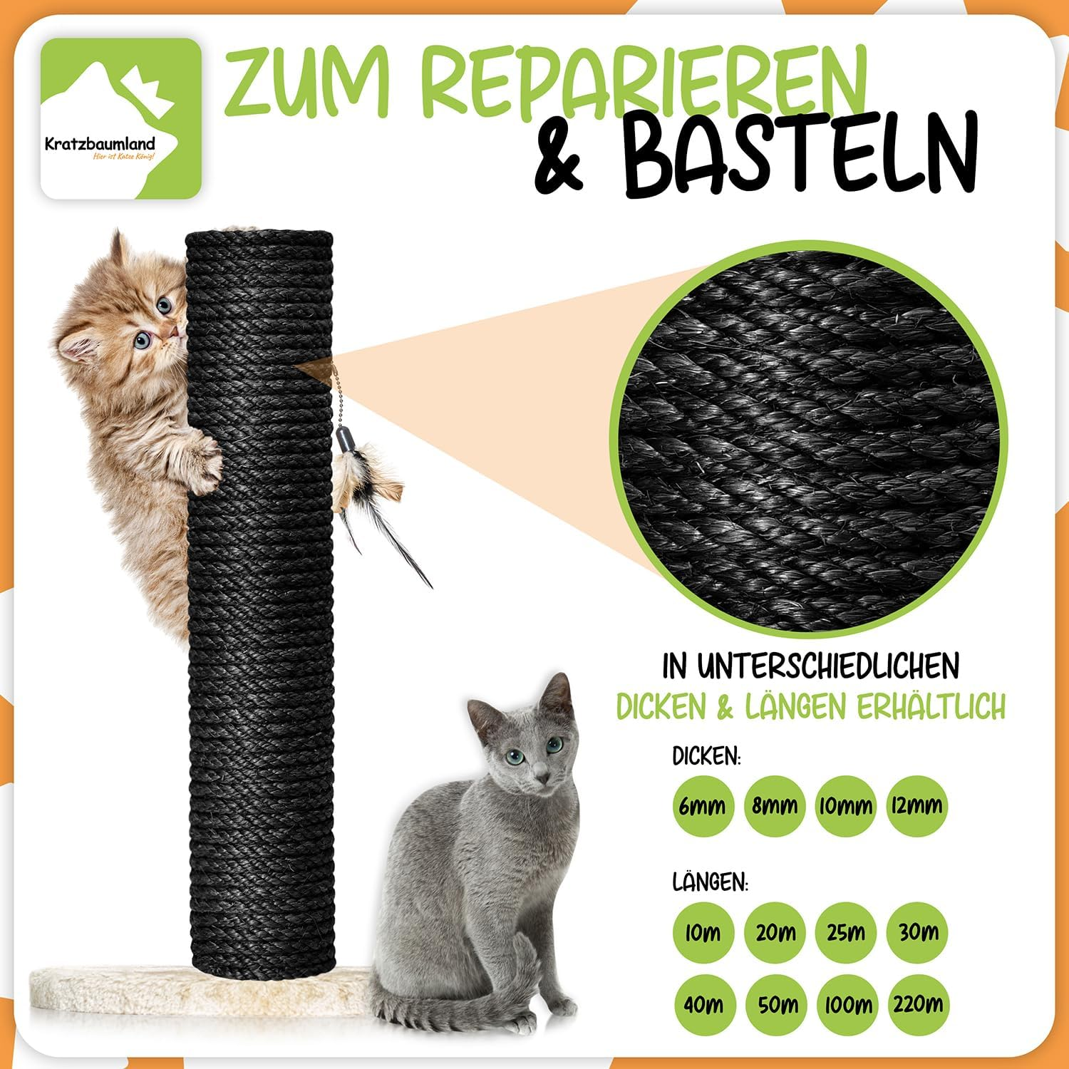 Kratzbaumland Premium Sisal Rope Black 10 Mm Black Sisal Rope for Scratching Posts Various Lengths (20 Metres)