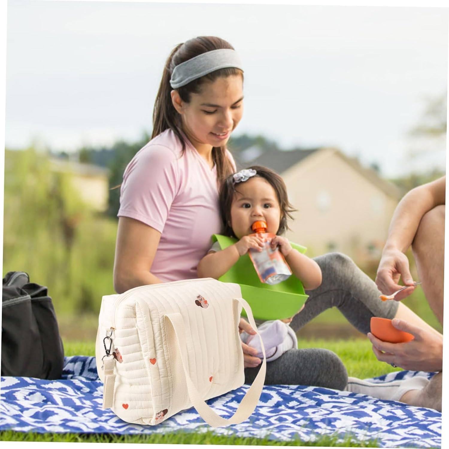 Embroidered Cotton Diaper Bag Stroller Diaper Tote for Moms Medium Size Squirrel Design Baby Storage Bag Travel Compact Double Strap image number 1