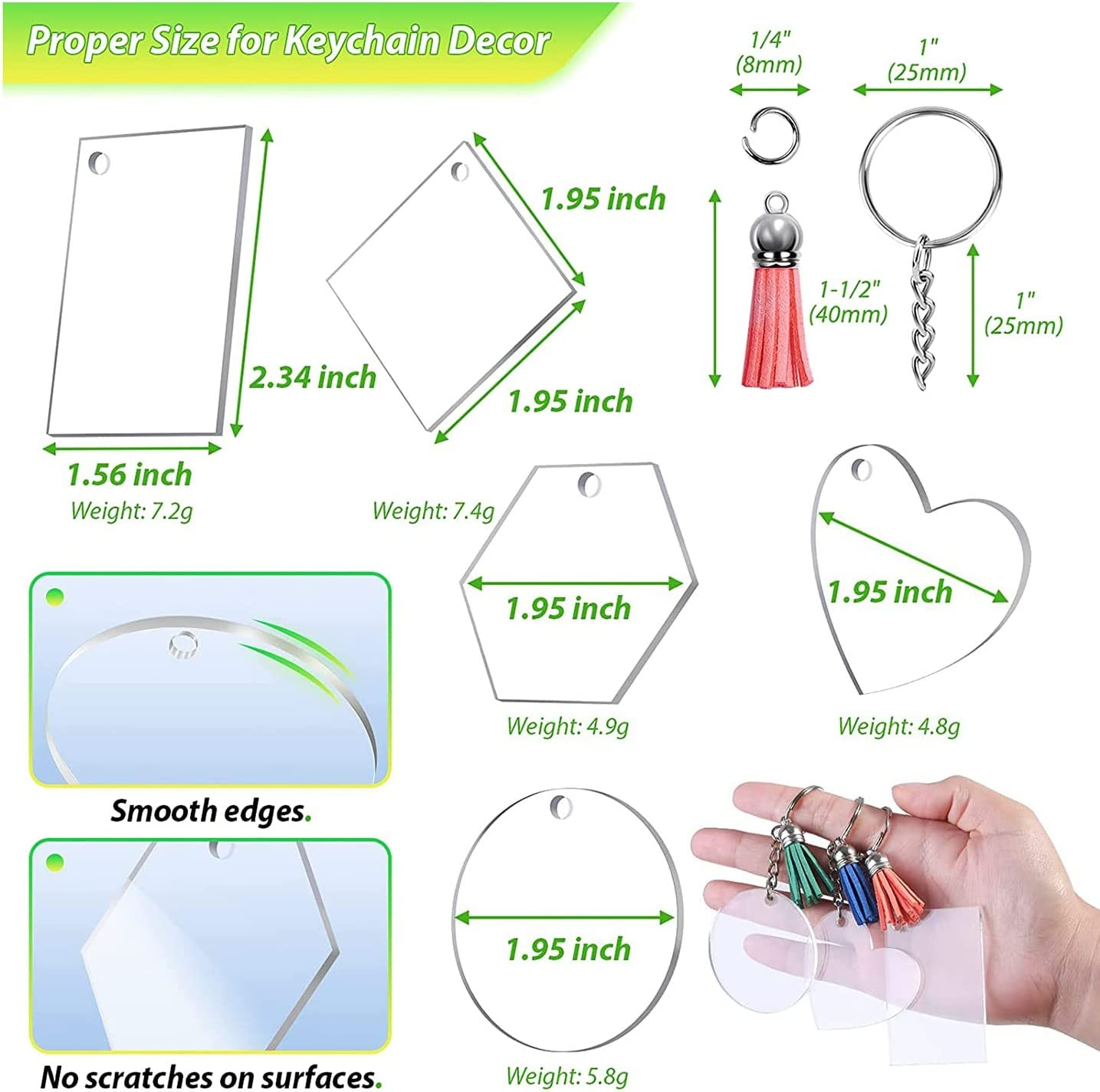 50 Sets Blank Keychains for Vinyl, Acrylic Blanks with 5 Shapes Clear Acrylic Disc image number 3