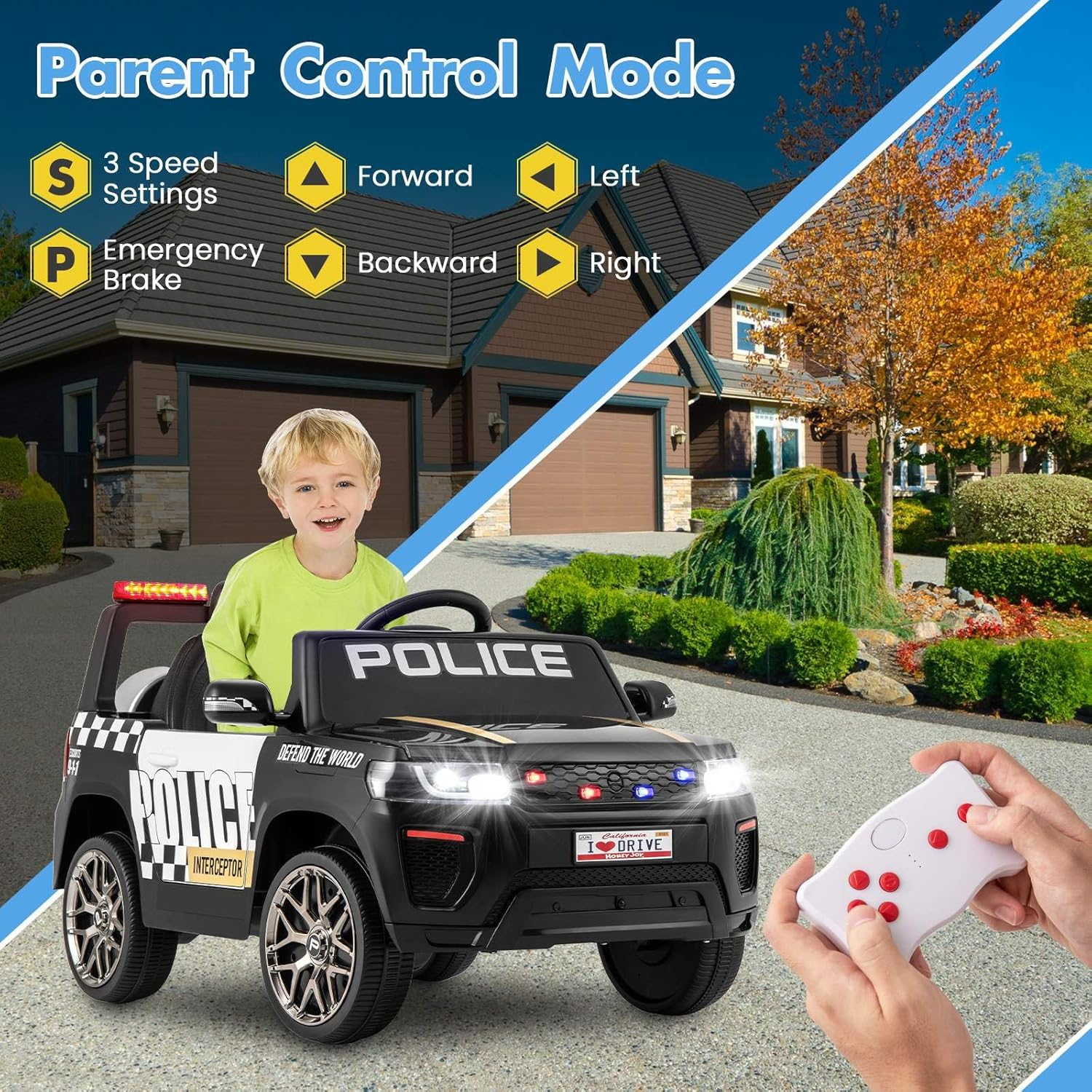 HONEY JOY Kids Ride on Police Car, 12V Electric Battery Powered Cop Car W/Remote Control, Wireless Connection, Music, Horn, Siren & LED Flashing Lights, Vehicle Ride on Toy, Black