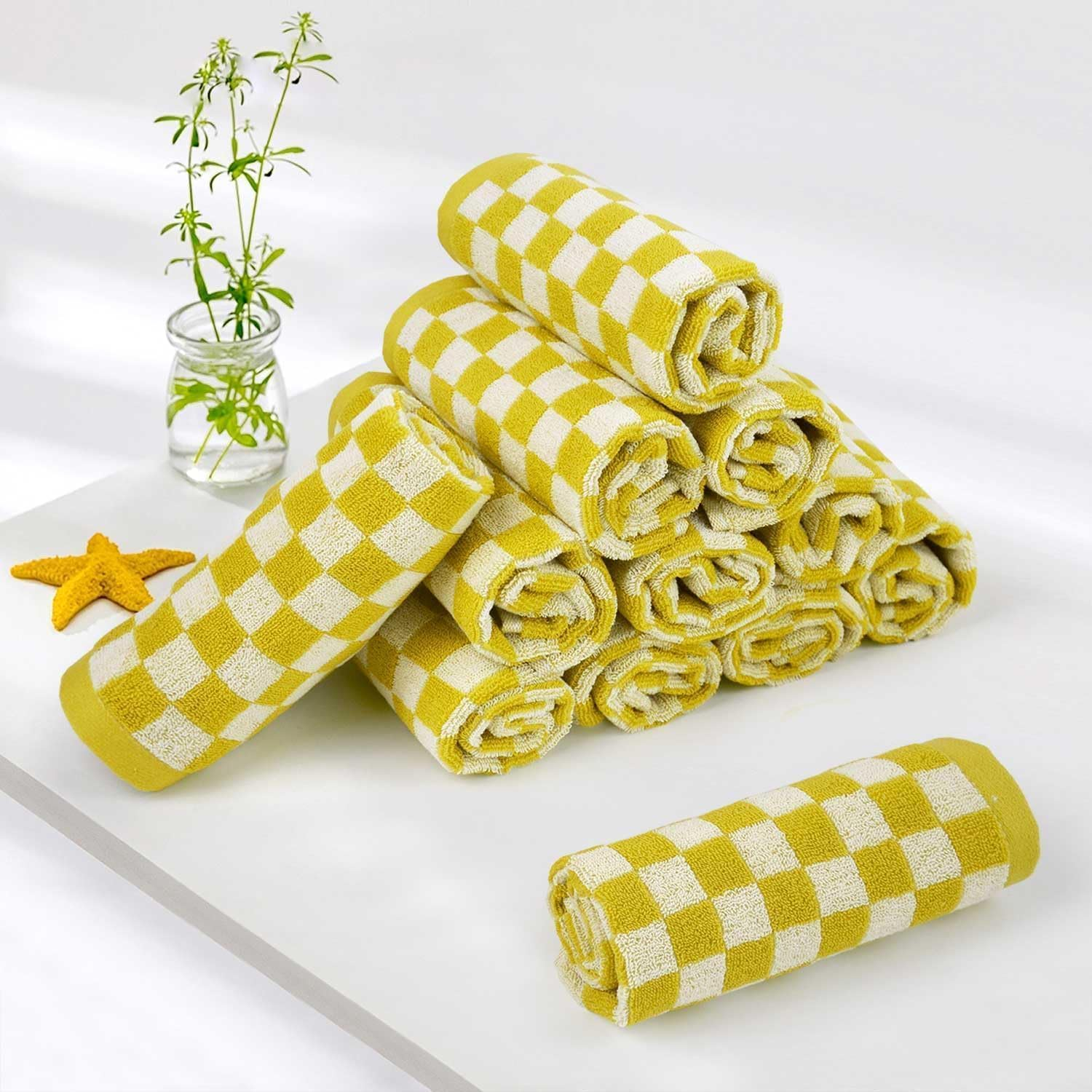 Jacquotha Quick Drying Washcloths - Pack of 12, 13X13 Inches, 100% Cotton Wash Cloths for Showering Spa Kitchen, Yellow Checkered Face Cloths - Orange image number 7