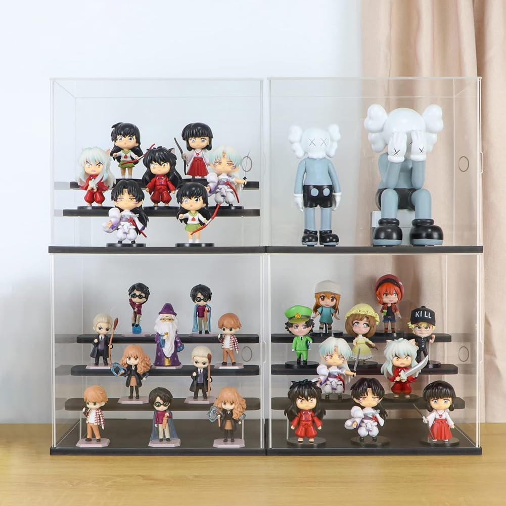 Clear Acrylic Display Case with 3-Color Light,4 Level Stand Display Box with Wooden Base Countertop Dustproof Showcase for Display Collectible Pop Figures and Toys,Toys Not (4 Tier Black)
